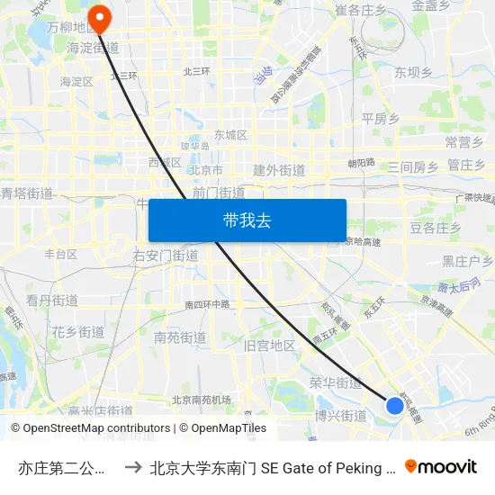 亦庄第二公交场站 to 北京大学东南门 SE Gate of Peking University map