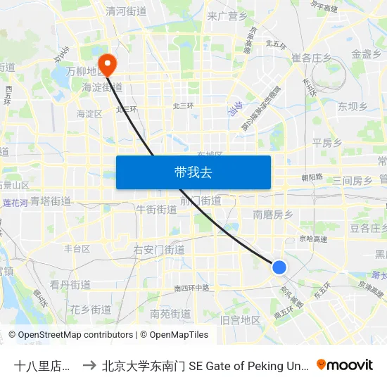 十八里店北桥 to 北京大学东南门 SE Gate of Peking University map