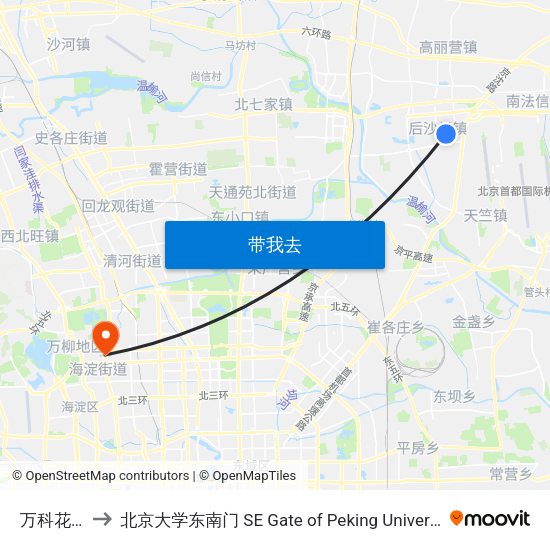 万科花园 to 北京大学东南门 SE Gate of Peking University map