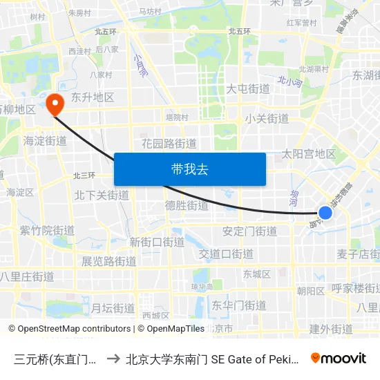 三元桥(东直门外斜街) to 北京大学东南门 SE Gate of Peking University map