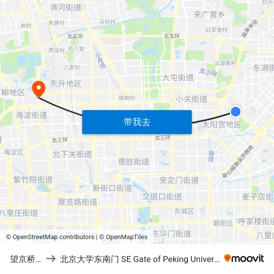 望京桥西 to 北京大学东南门 SE Gate of Peking University map