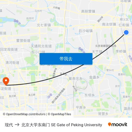 现代 to 北京大学东南门 SE Gate of Peking University map