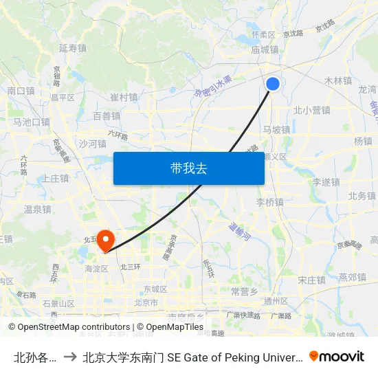 北孙各庄 to 北京大学东南门 SE Gate of Peking University map