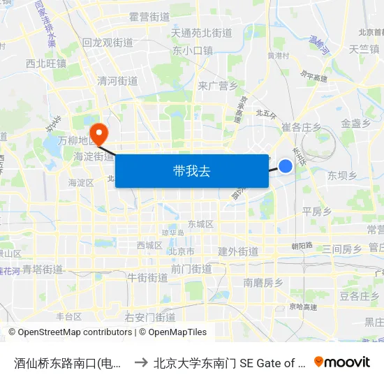 酒仙桥东路南口(电子城文化广场) to 北京大学东南门 SE Gate of Peking University map