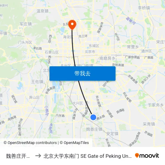 魏善庄开发区 to 北京大学东南门 SE Gate of Peking University map