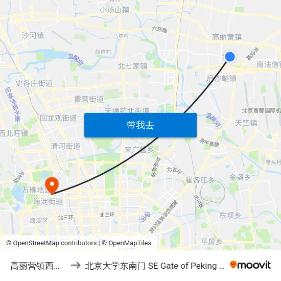 高丽营镇西马各庄 to 北京大学东南门 SE Gate of Peking University map