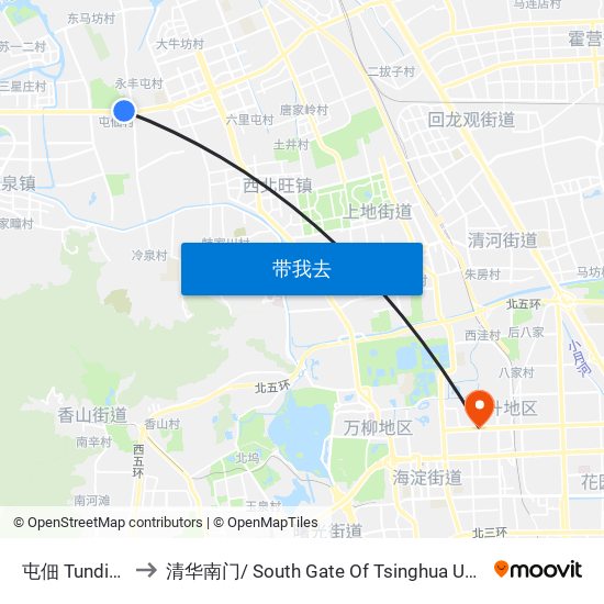 屯佃 Tundian to 清华南门/ South Gate Of Tsinghua Univ. map