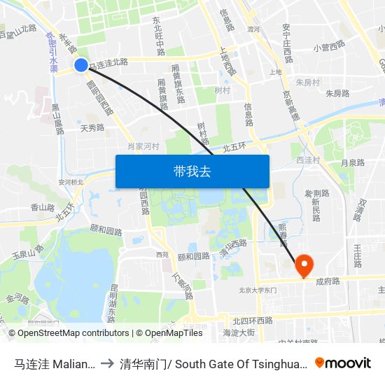 马连洼 Malianwa to 清华南门/ South Gate Of Tsinghua Univ. map