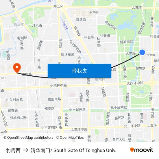 豹房西 to 清华南门/ South Gate Of Tsinghua Univ. map