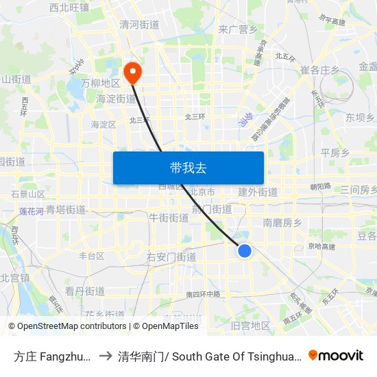 方庄 Fangzhuang to 清华南门/ South Gate Of Tsinghua Univ. map