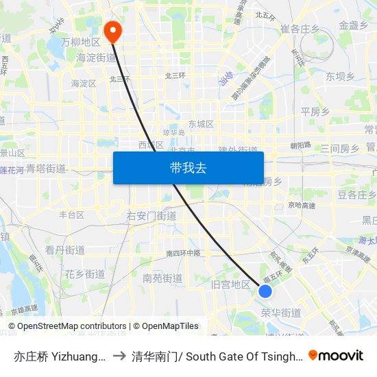 亦庄桥 Yizhuang Qiao to 清华南门/ South Gate Of Tsinghua Univ. map