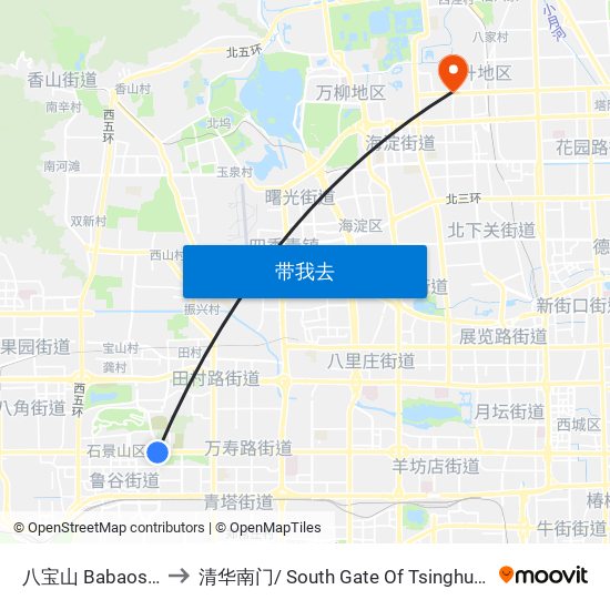 八宝山 Babaoshan to 清华南门/ South Gate Of Tsinghua Univ. map