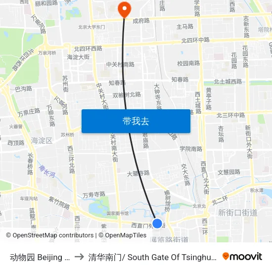 动物园 Beijing Zoo to 清华南门/ South Gate Of Tsinghua Univ. map