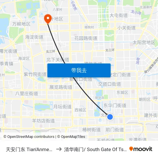 天安门东 Tian'Anmen Dong (E) to 清华南门/ South Gate Of Tsinghua Univ. map