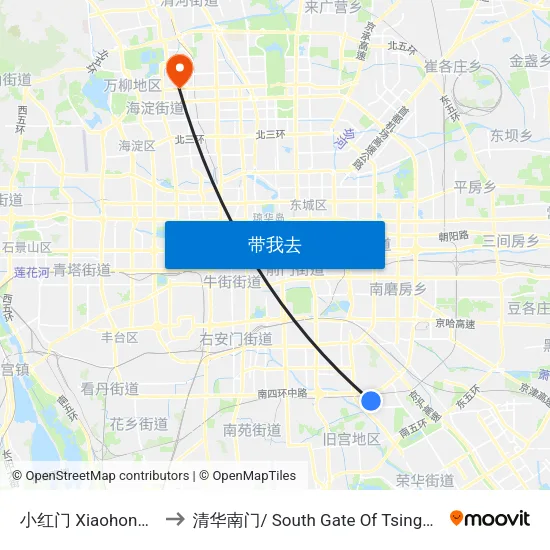 小红门 Xiaohong Men to 清华南门/ South Gate Of Tsinghua Univ. map