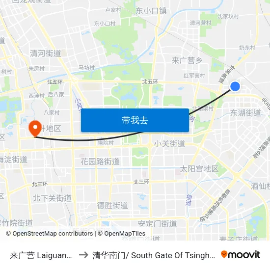 来广营 Laiguangying to 清华南门/ South Gate Of Tsinghua Univ. map
