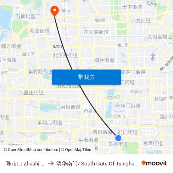 珠市口 Zhushi Kou to 清华南门/ South Gate Of Tsinghua Univ. map