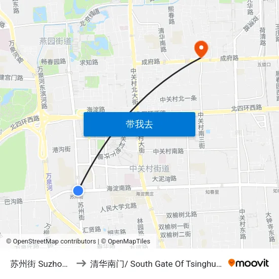 苏州街 Suzhou Jie to 清华南门/ South Gate Of Tsinghua Univ. map
