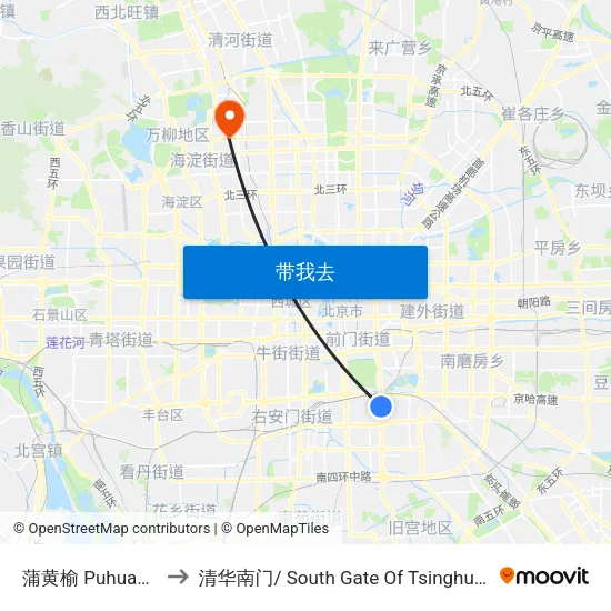 蒲黄榆 Puhuangyu to 清华南门/ South Gate Of Tsinghua Univ. map