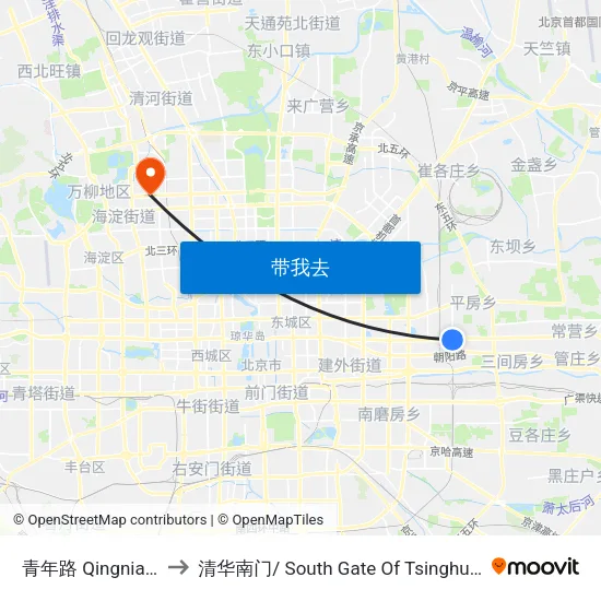 青年路 Qingnian Lu to 清华南门/ South Gate Of Tsinghua Univ. map