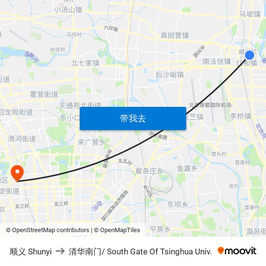 顺义 Shunyi to 清华南门/ South Gate Of Tsinghua Univ. map