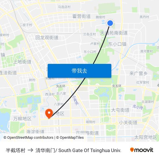 半截塔村 to 清华南门/ South Gate Of Tsinghua Univ. map