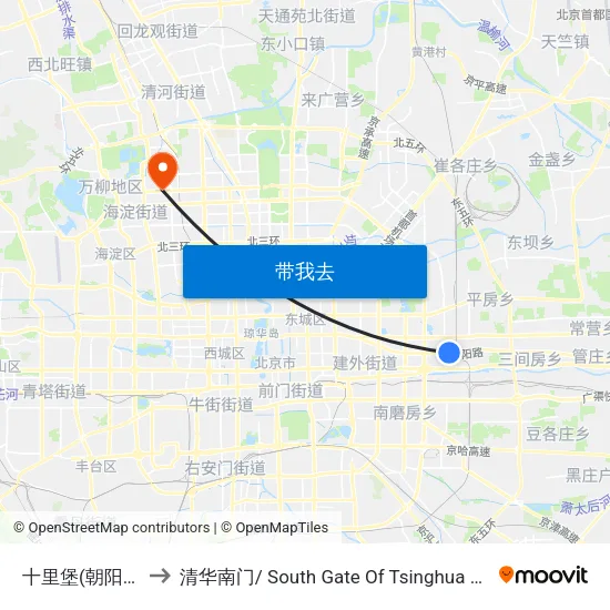十里堡(朝阳路) to 清华南门/ South Gate Of Tsinghua Univ. map