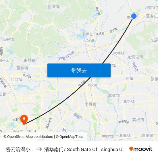 密云沿湖小区 to 清华南门/ South Gate Of Tsinghua Univ. map