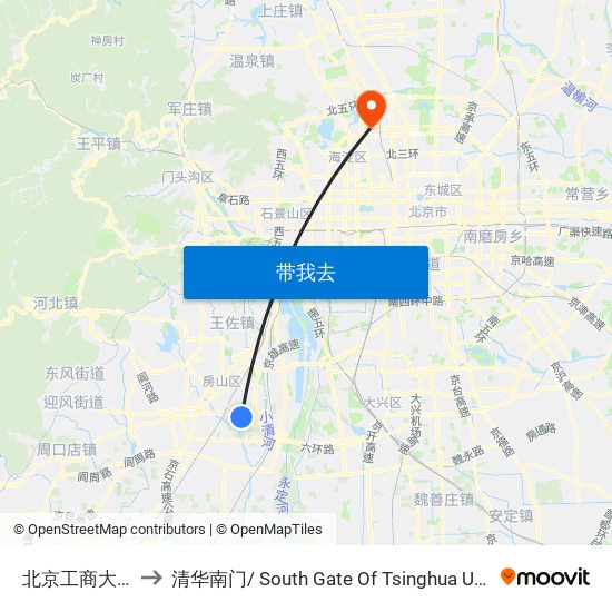 北京工商大学 to 清华南门/ South Gate Of Tsinghua Univ. map