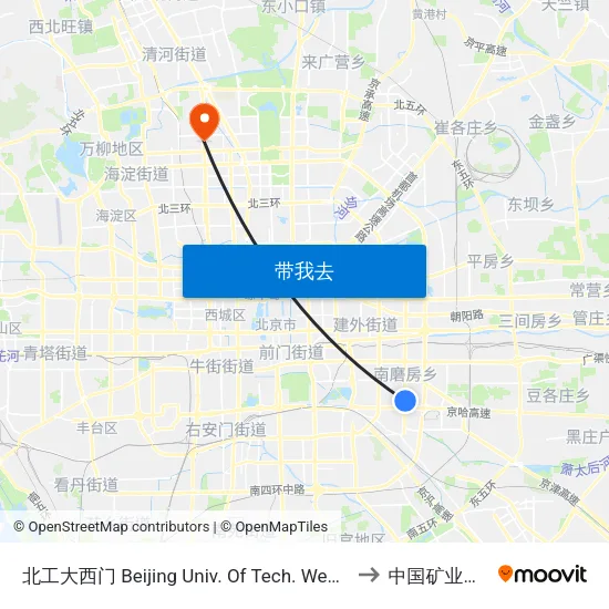 北工大西门 Beijing Univ. Of Tech. West Gate to 中国矿业大学 map