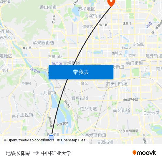 地铁长阳站 to 中国矿业大学 map
