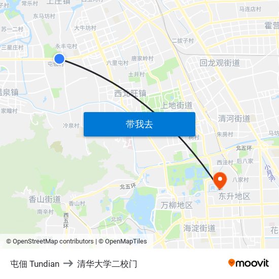 屯佃 Tundian to 清华大学二校门 map