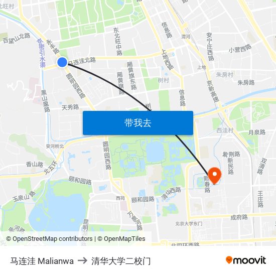 马连洼 Malianwa to 清华大学二校门 map