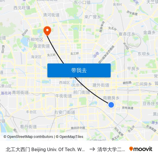 北工大西门 Beijing Univ. Of Tech. West Gate to 清华大学二校门 map