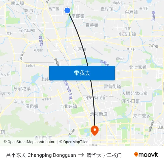 昌平东关 Changping Dongguan to 清华大学二校门 map