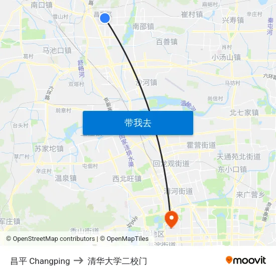 昌平 Changping to 清华大学二校门 map