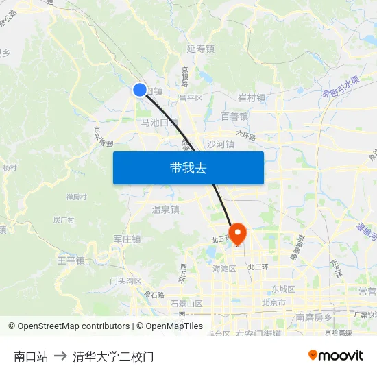 南口站 to 清华大学二校门 map