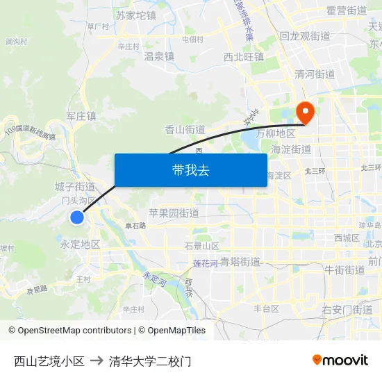 西山艺境小区 to 清华大学二校门 map