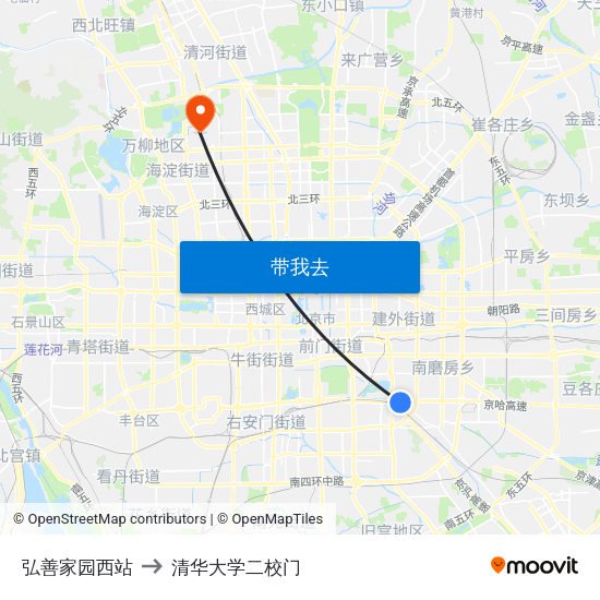 弘善家园西站 to 清华大学二校门 map
