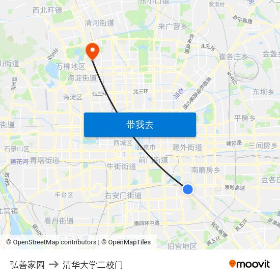弘善家园 to 清华大学二校门 map