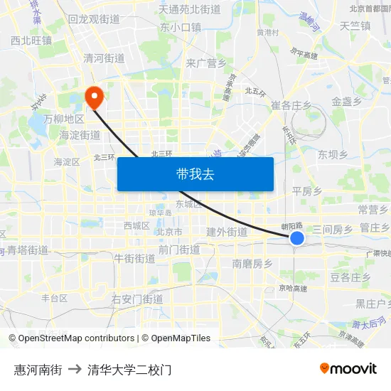 惠河南街 to 清华大学二校门 map