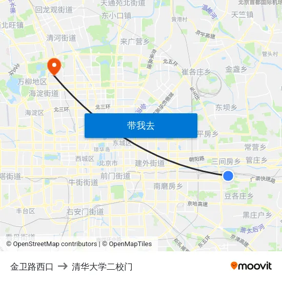 金卫路西口 to 清华大学二校门 map