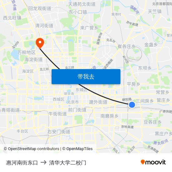 惠河南街东口 to 清华大学二校门 map