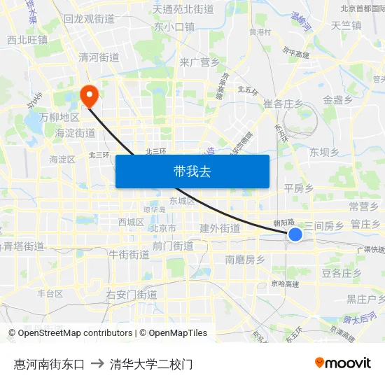 惠河南街东口 to 清华大学二校门 map