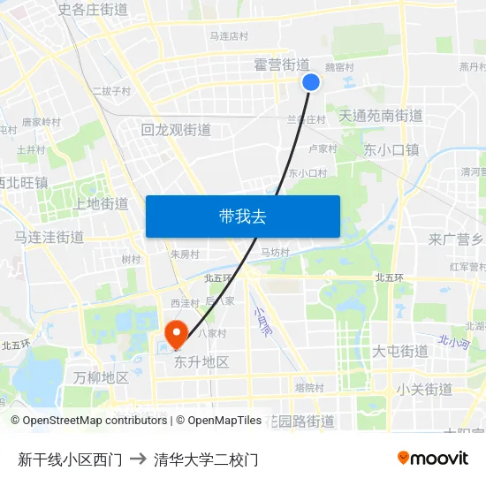 新干线小区西门 to 清华大学二校门 map