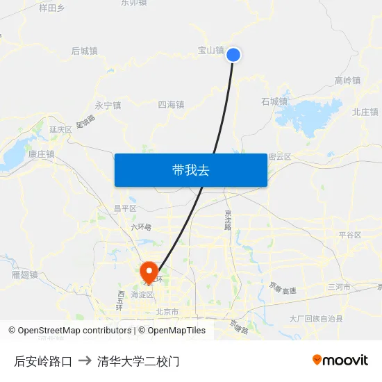 后安岭路口 to 清华大学二校门 map