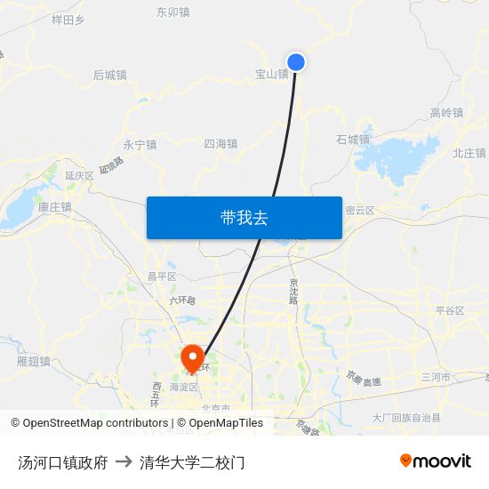 汤河口镇政府 to 清华大学二校门 map