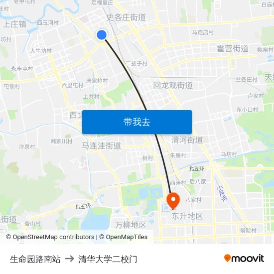 生命园路南站 to 清华大学二校门 map