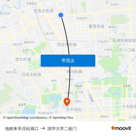 地铁朱辛庄站南口 to 清华大学二校门 map