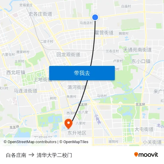 白各庄南 to 清华大学二校门 map